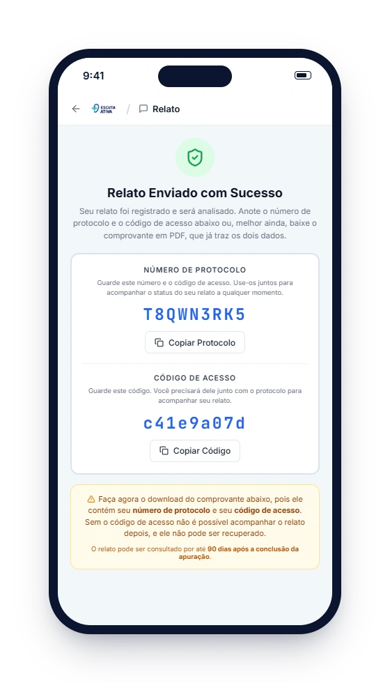 Confirmação de relato enviado no canal de denúncias, com número de protocolo e código de acesso.