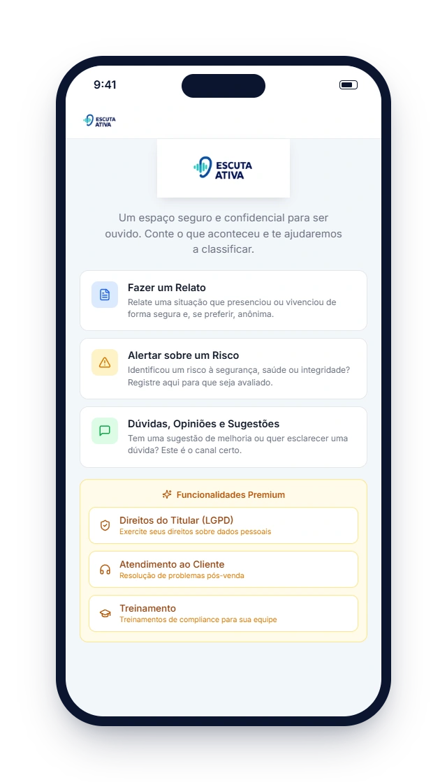 Canal de integridade da Escuta Ativa no celular, com as opções de relato, alerta de risco e dúvidas.