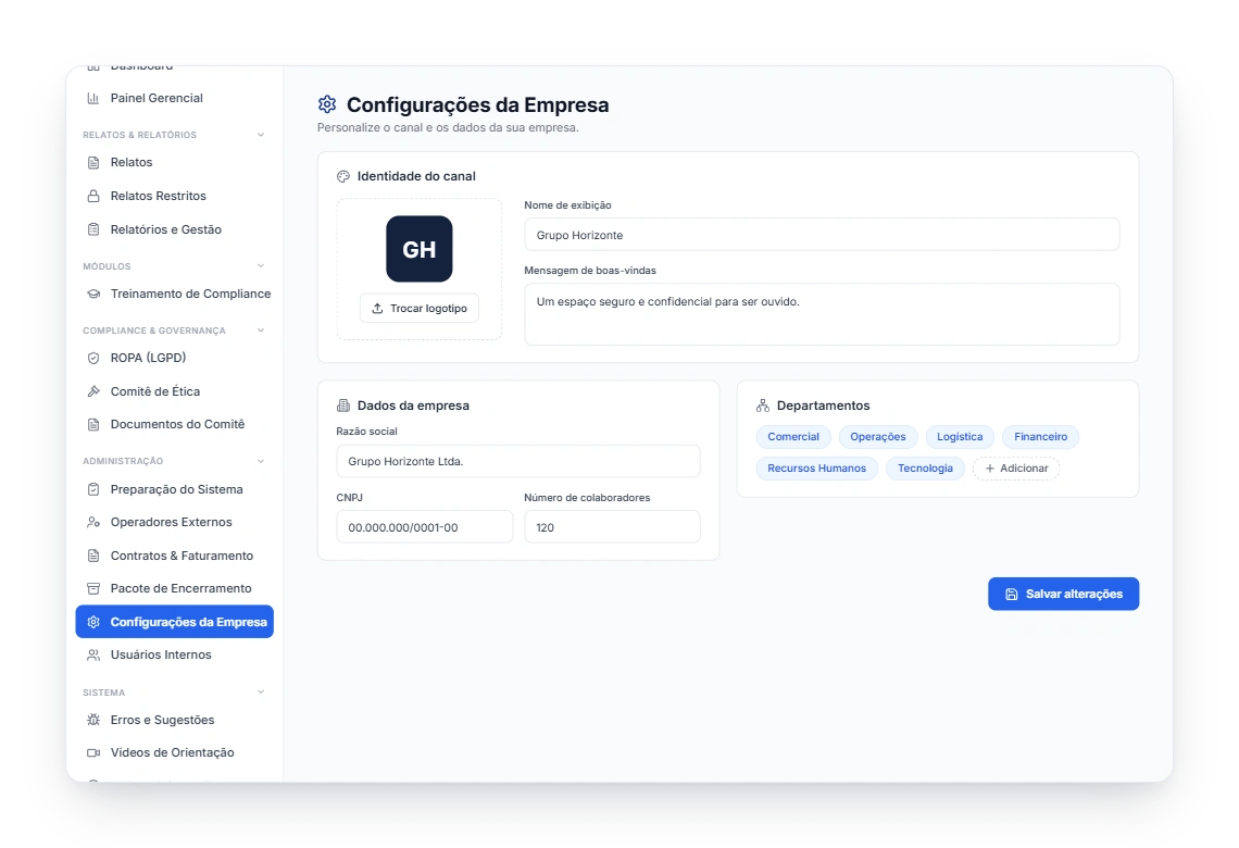 Configurações da empresa na Escuta Ativa, com logotipo, mensagem de boas-vindas e departamentos.