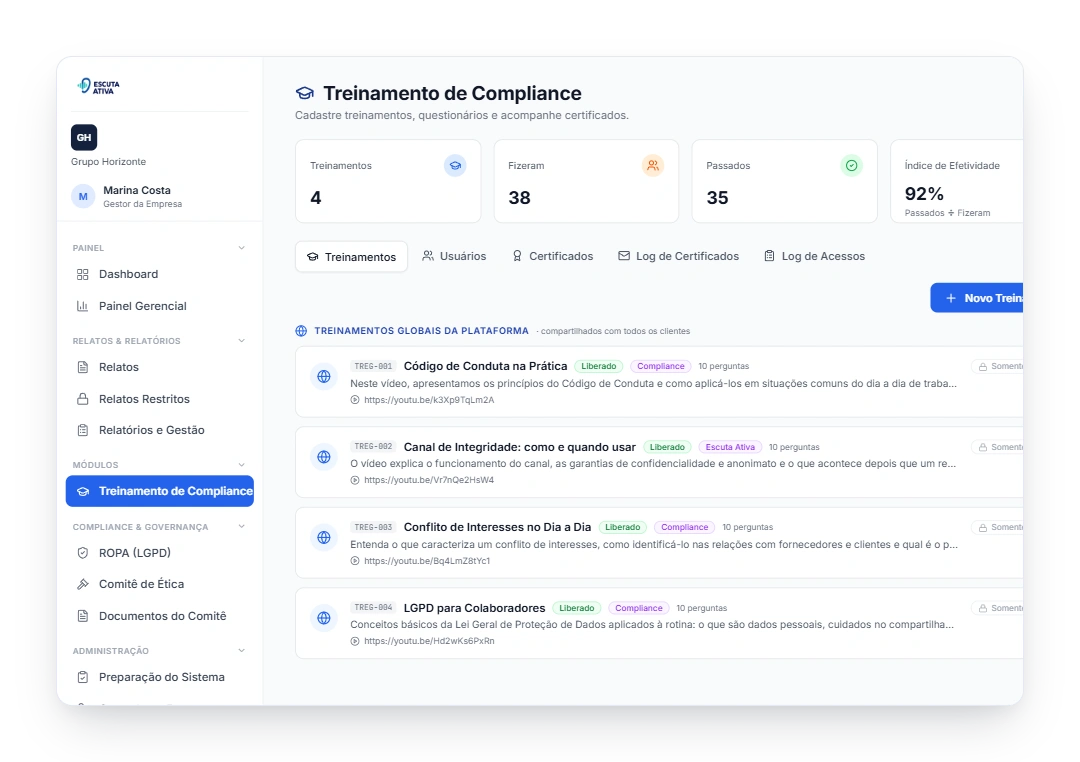 Módulo de treinamento de compliance da plataforma, com indicadores e lista de treinamentos.