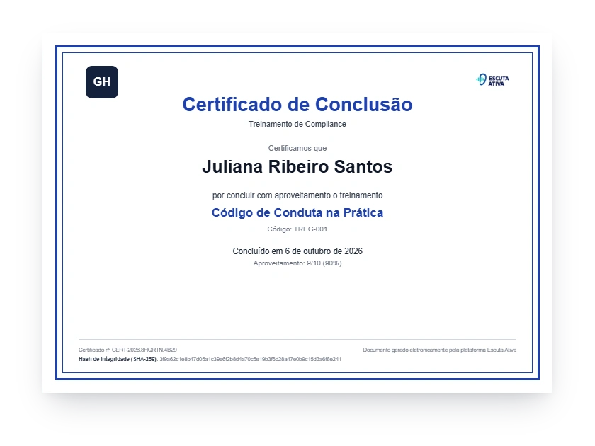 Certificado de conclusão do treinamento de compliance, com código de validação e hash de integridade.