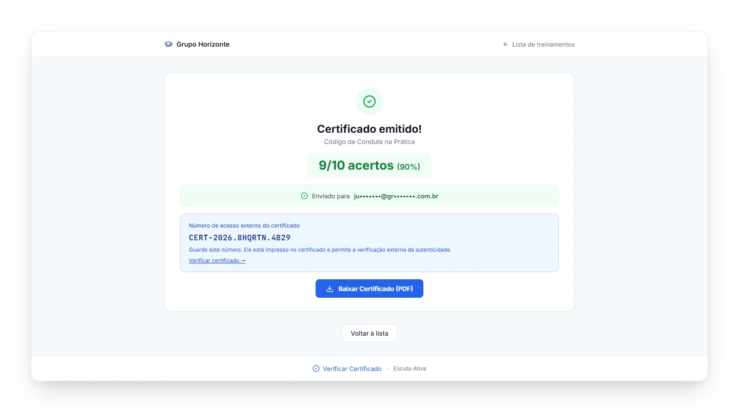 Certificado de treinamento de compliance emitido, com aproveitamento e código de verificação.