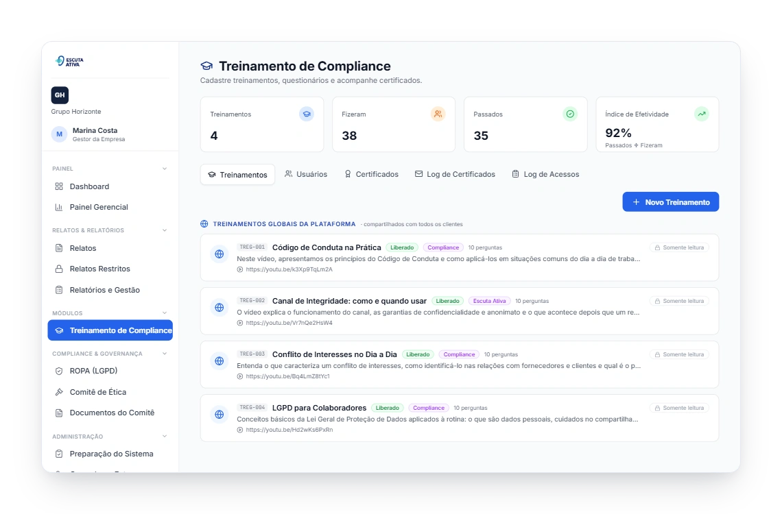 Painel do gestor com os treinamentos de compliance da equipe e o índice de efetividade.